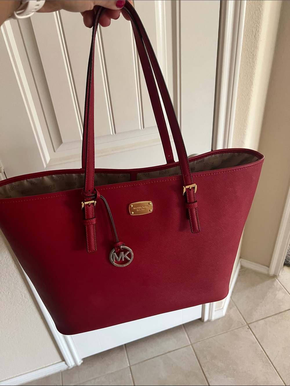 Michael Kors Red Saffiano Tote with MK Charm
